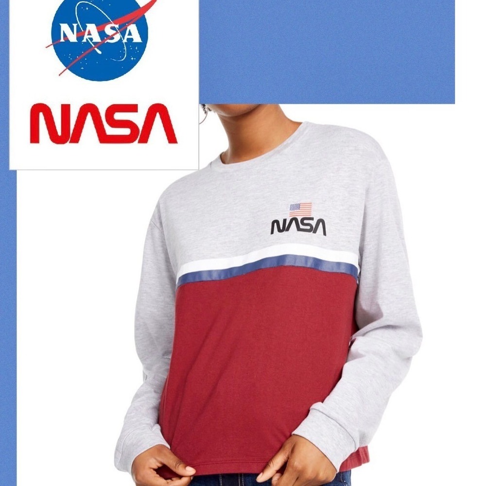 Freeze NASA Colorblock Long Sleeve Graphic Tee Grey Burgundy XS Oversized